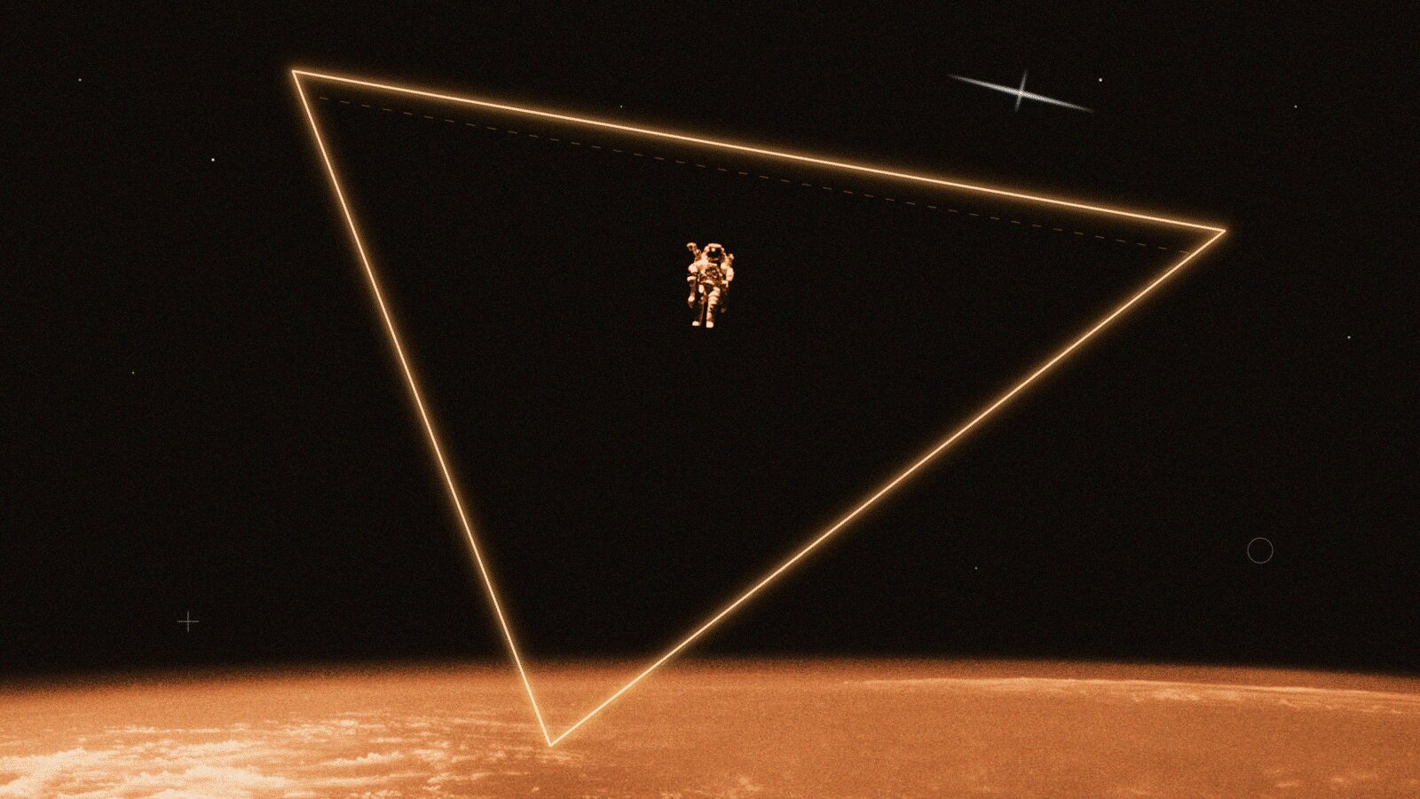 A lone astronaut floating untethered in dark space above a warm amber-toned Earth, framed by a large glowing neon triangle