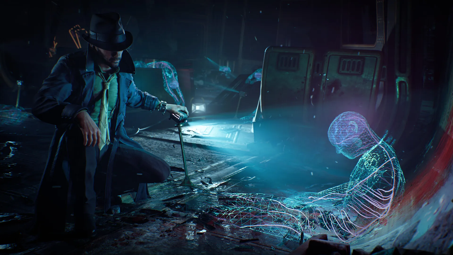 A noir detective in a fedora kneels in a dark, wrecked room, projecting a beam of light that reconstructs a glowing wireframe figure of what happened - a scene from the game Nobody Wants to Die